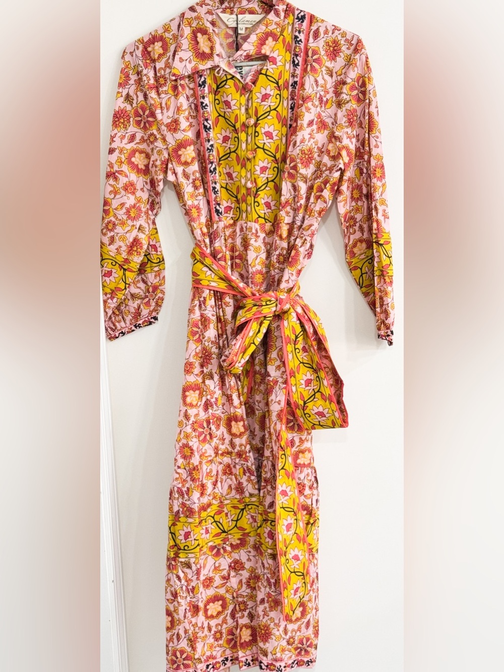 Bohemian Block Print Long Sleeve Cotton Maxi Dress Pink and Yellow Floral Sz M